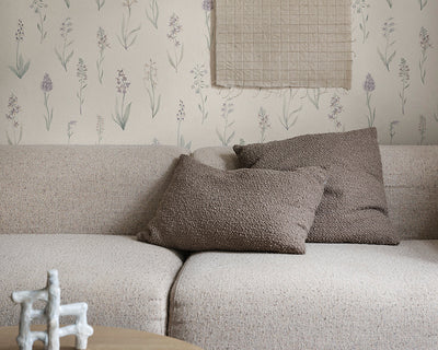 Sandberg Alma Wallpaper in Lilac in a living room close up