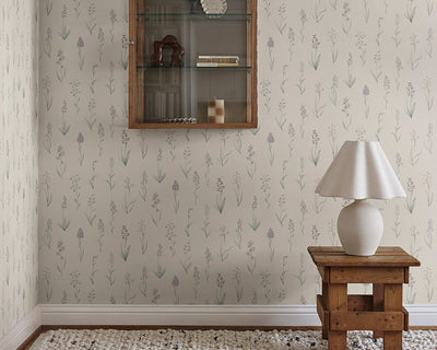 Sandberg Alma Wallpaper in Lilac behind a cabinet