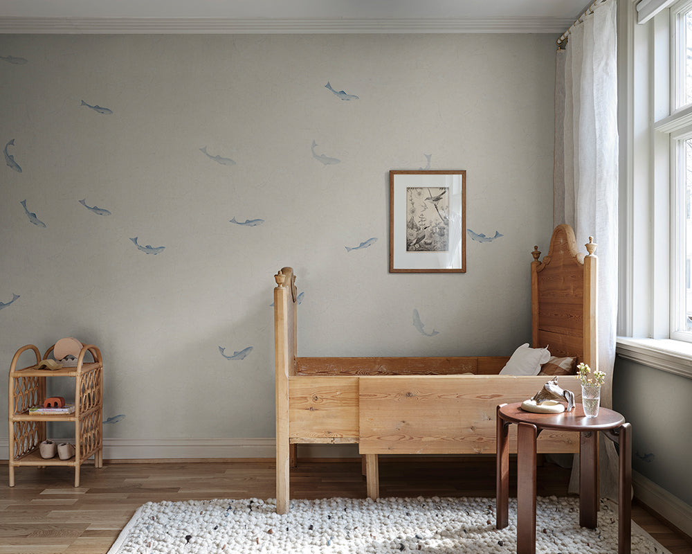 Sandberg Hav Wallpaper in Misty Blue in a bedroom