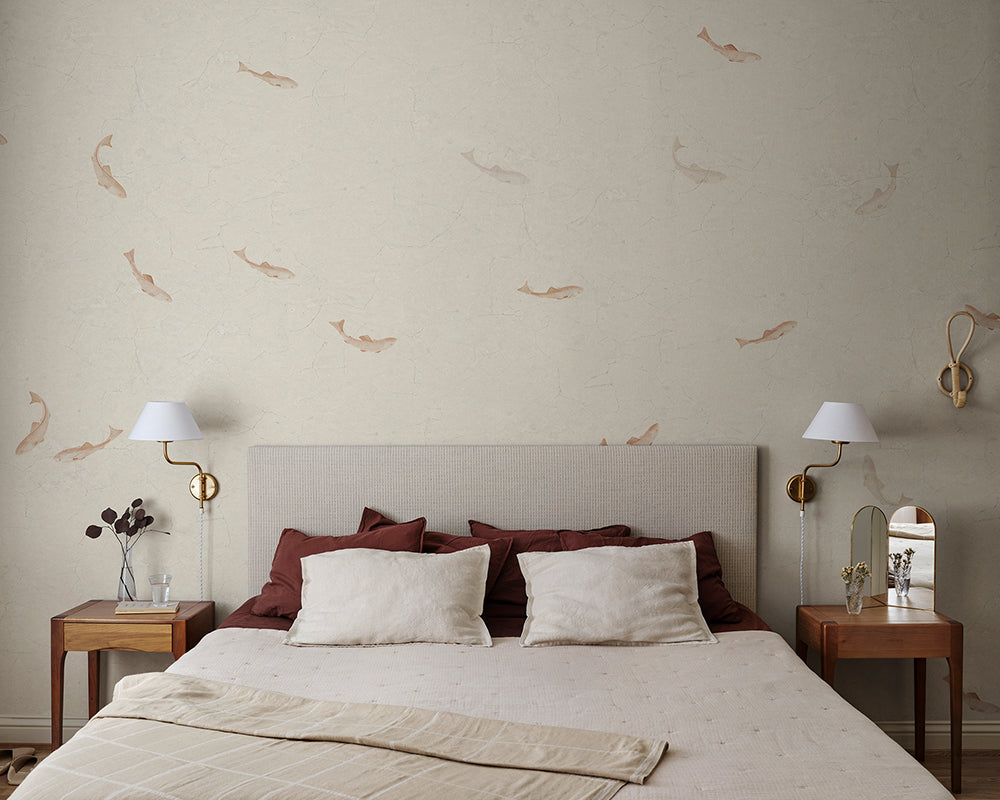 Sandberg Hav Wallpaper in Terracotta in a bedroom