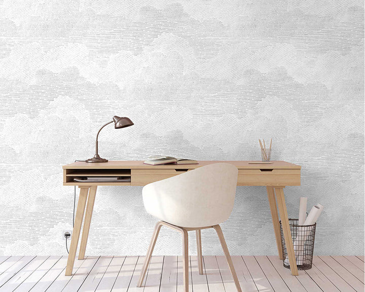 Woodchip & Magnolia Nimbostratus Wallpaper in Mist Grey in an office space