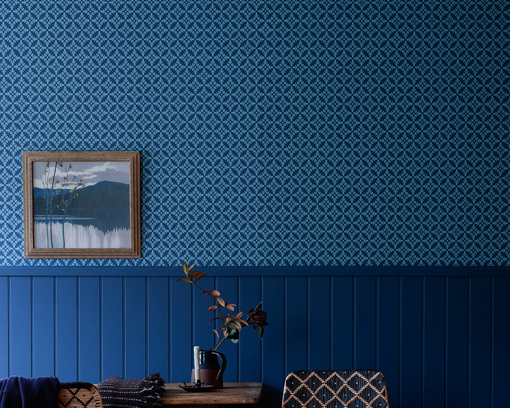 Farrow and Ball Achard Wallpaper 6404 with panelling in a dining room