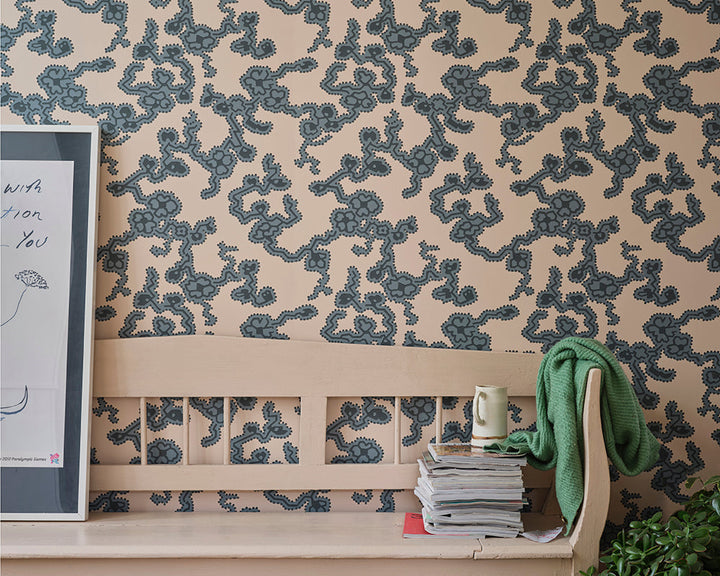 Farrow and Ball  Adelaide Wallpaper with a bench and artwork