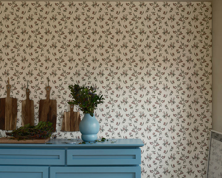 Farrow and Ball Auguste Wallpaper 6502 behind a cabinet