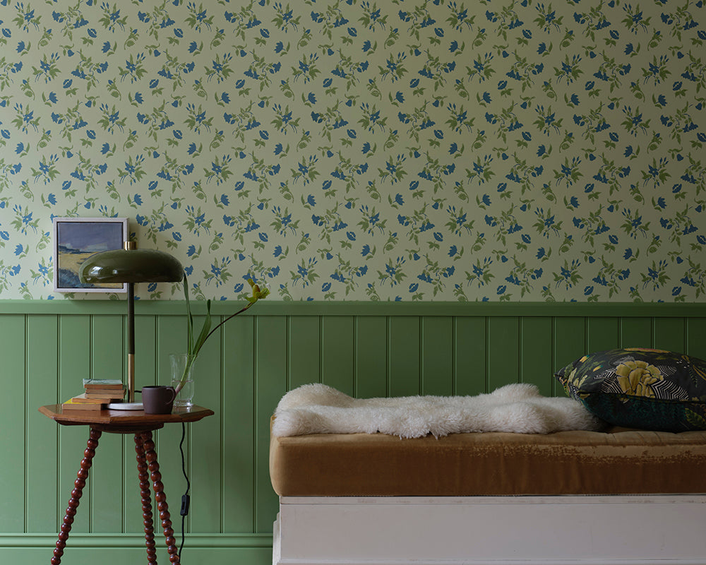 Farrow and Ball Auguste Wallpaper 6505 with panelling and bench