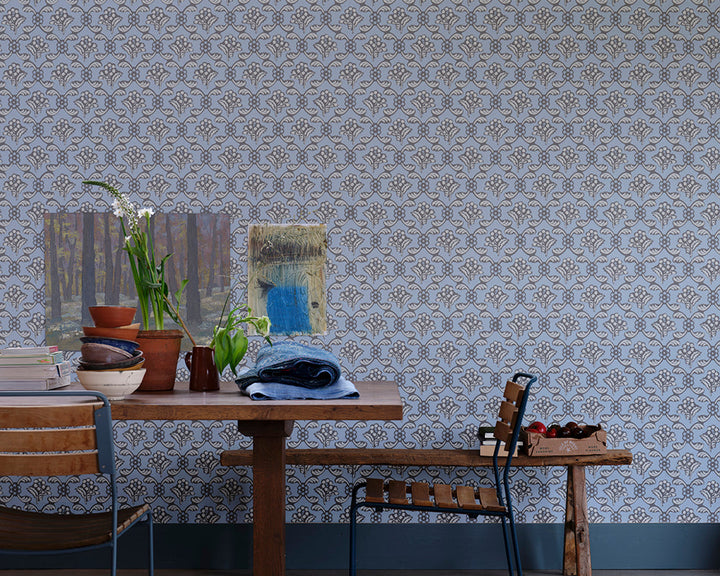 Farrow and Ball Barace Wallpaper in a kitchen 6604 in a dining room