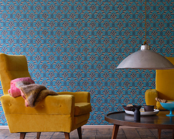 Farrow and Ball Barace Wallpaper detail 6605 in a living space with mustard chairs