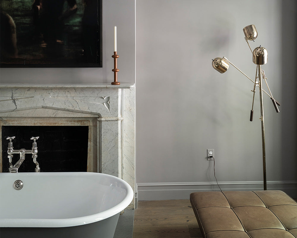 Dove Tale 267 paint by Farrow & Ball in a bathroom with retro fixtures and furnishings