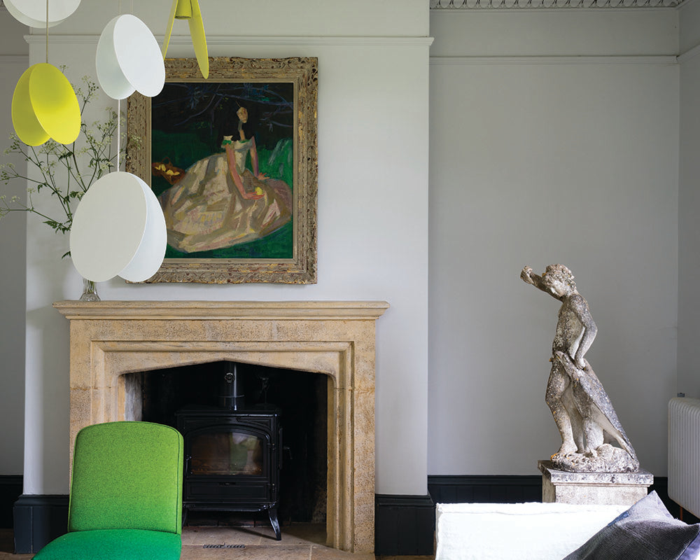 Lime White 1 paint by Farrow & Ball in a living room with fireplace