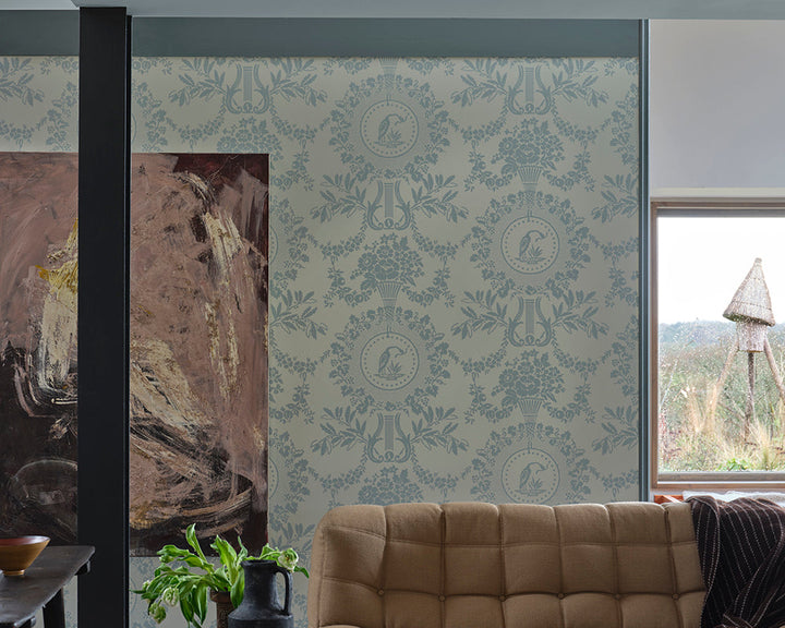 Farrow and Ball Purnon Wallpaper 6203 in a living space with large artwork on the wall