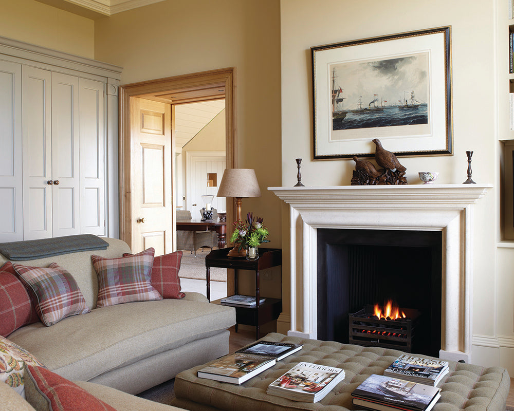 String 8 paint by Farrow & Ball in a living room with fireplace