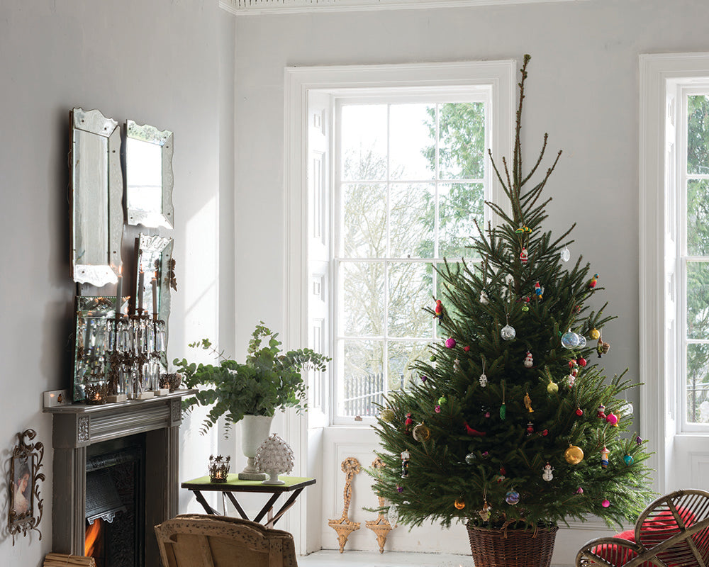 Wevet 273 paint by Farrow & Ball in a living room with a christmas tree