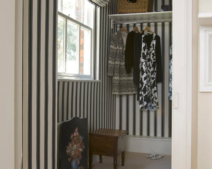 Farrow and Ball Block Print Stripe Wallpaper in a closet