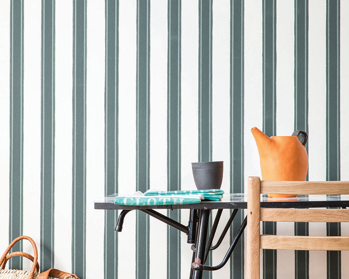 Farrow and Ball Block Print Stripe Wallpaper in a dining room