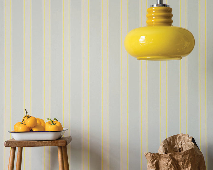 Farrow and Ball Block Print Stripe Wallpaper with a glass yellow pendant light