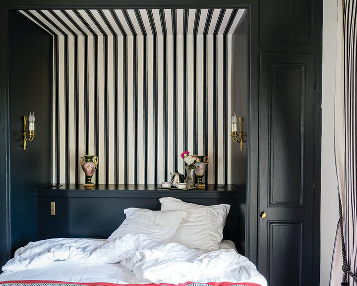 Farrow and Ball Block Print Stripe Wallpaper in a bedroom