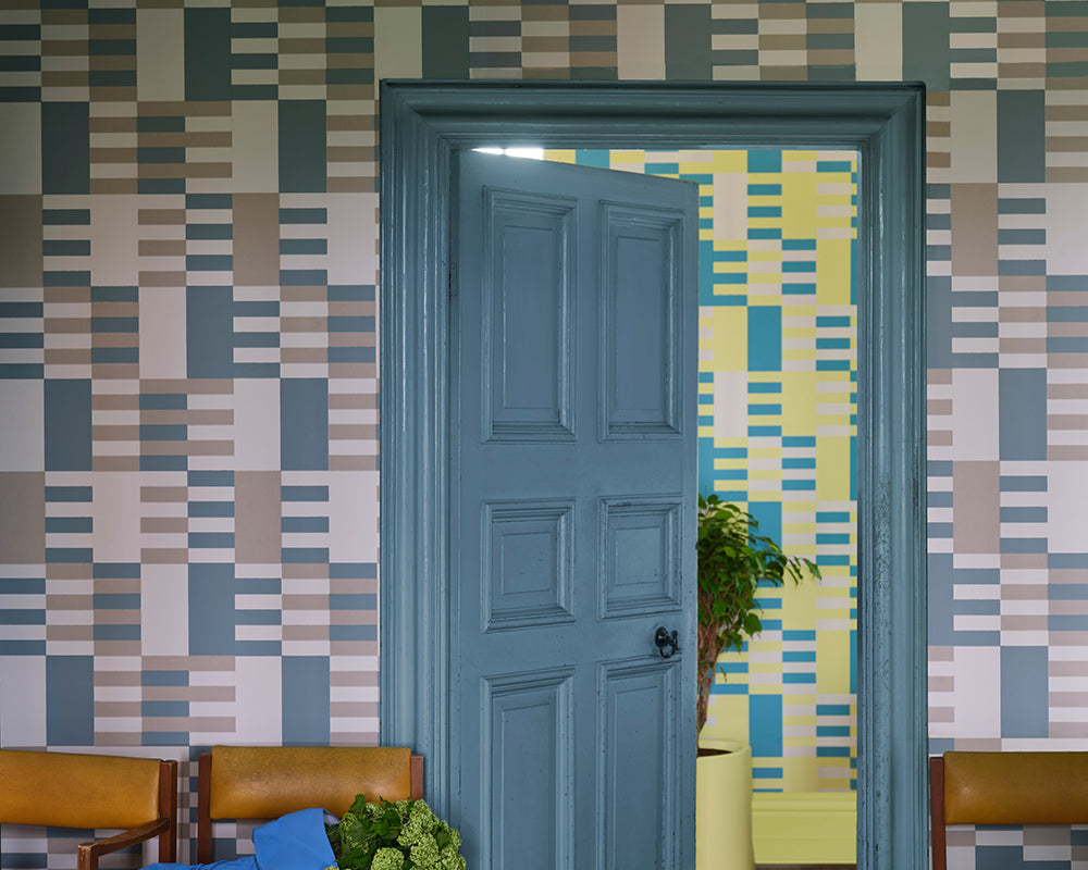 Farrow and Ball Check Wallpaper in a hallway