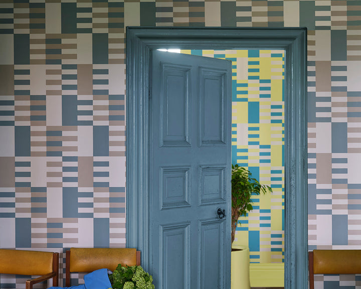 Farrow and Ball Check Wallpaper in a hallway