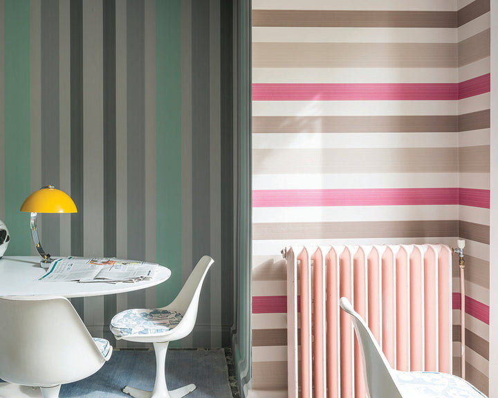 Farrow and Ball Chromatic Stripe Wallpaper in a dining room in contrasting directions