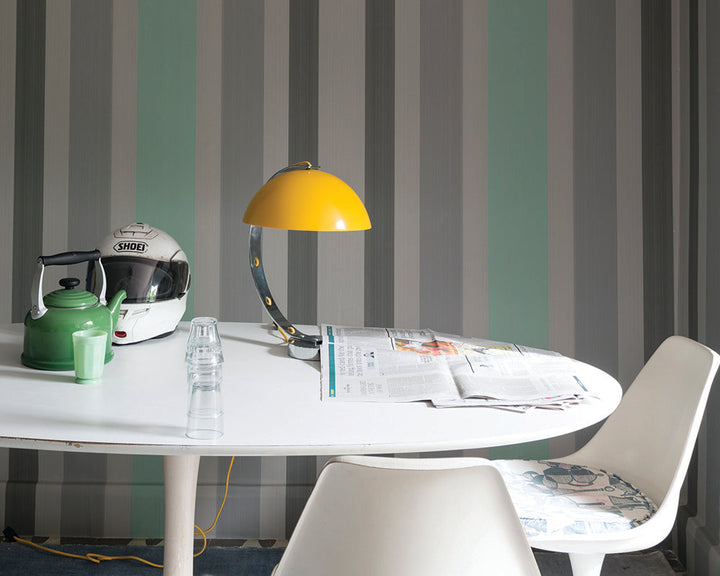 Farrow and Ball Chromatic Stripe Wallpaper in a dining room