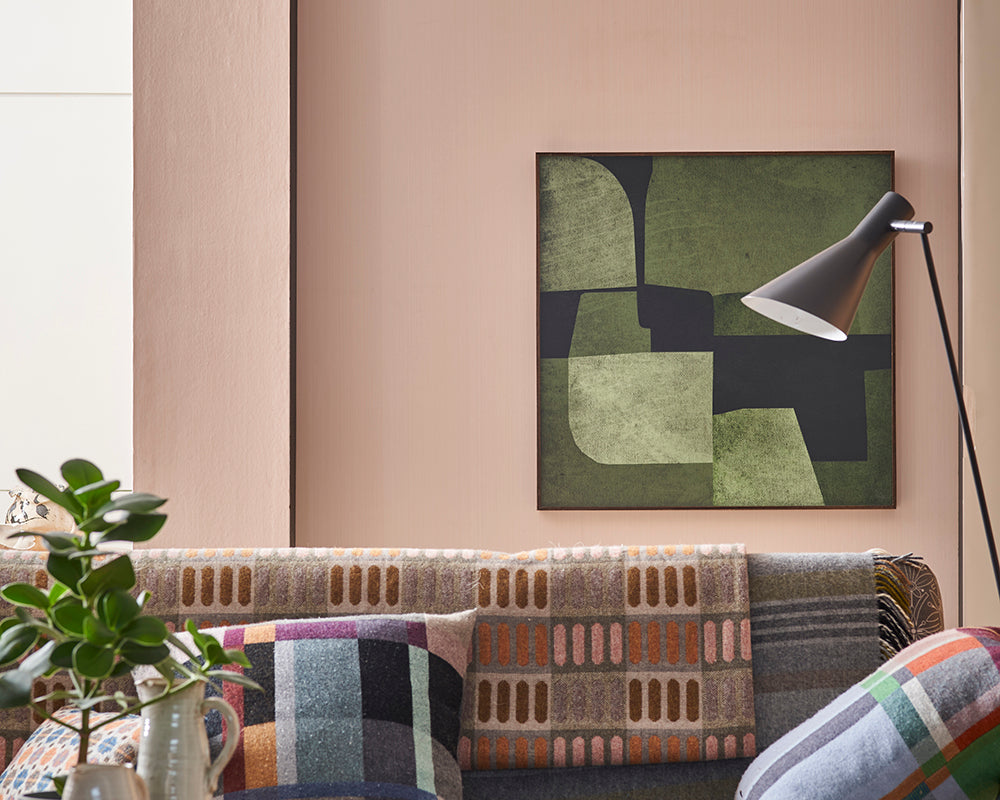 Farrow and Ball Drag Wallpaper in a living room with large artwork