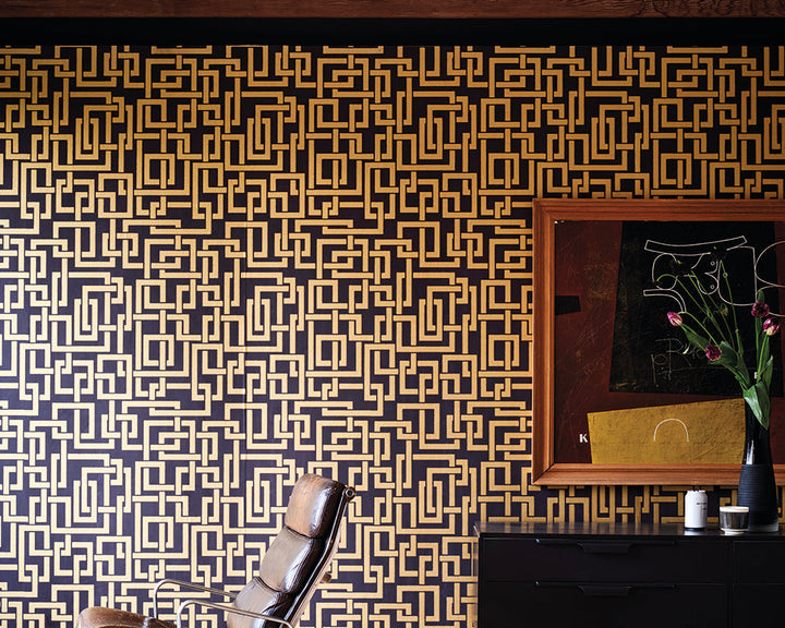 Farrow and Ball Enigma Metallic Wallpaper in a retro living space