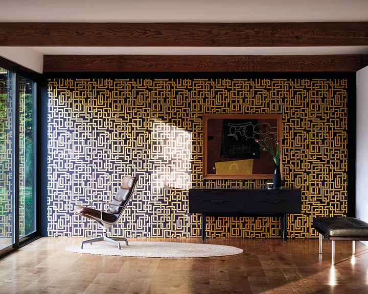 Farrow and Ball Enigma Metallic Wallpaper in a mid century modern living space