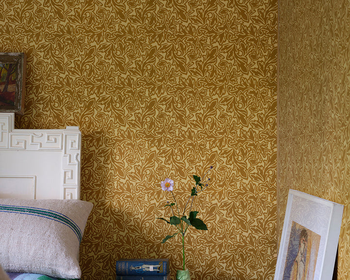 Farrow and Ball Feuille Wallpaper in a bedroom