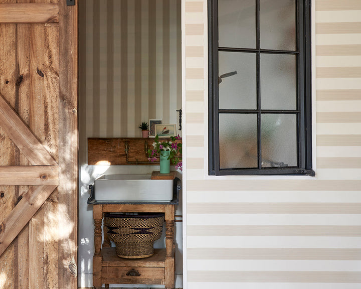 Farrow and Ball Five Over Stripe Wallpaper in a bathroom