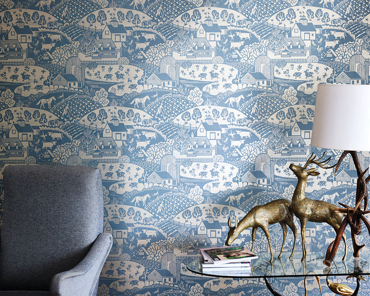 Farrow and Ball Gable Wallpaper in a living room with stag lamp