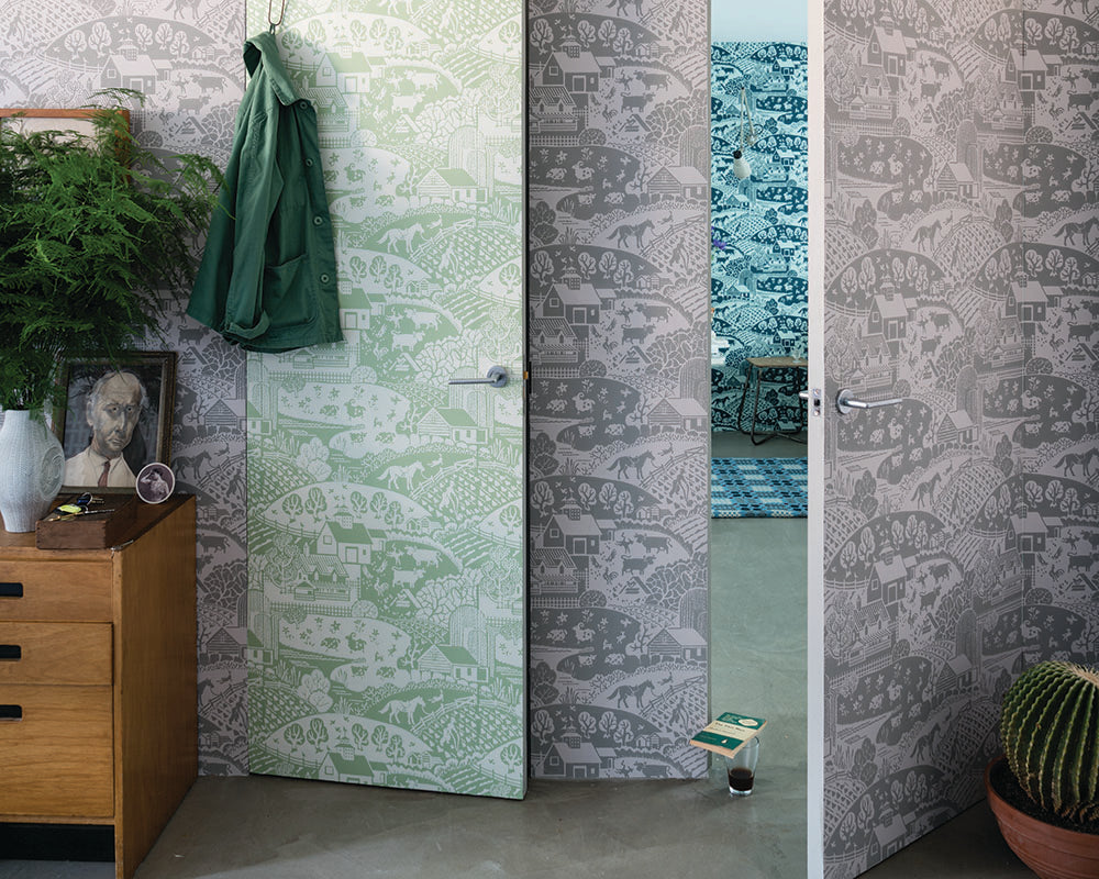 Farrow and Ball Gable Wallpaper with different colours in a living space