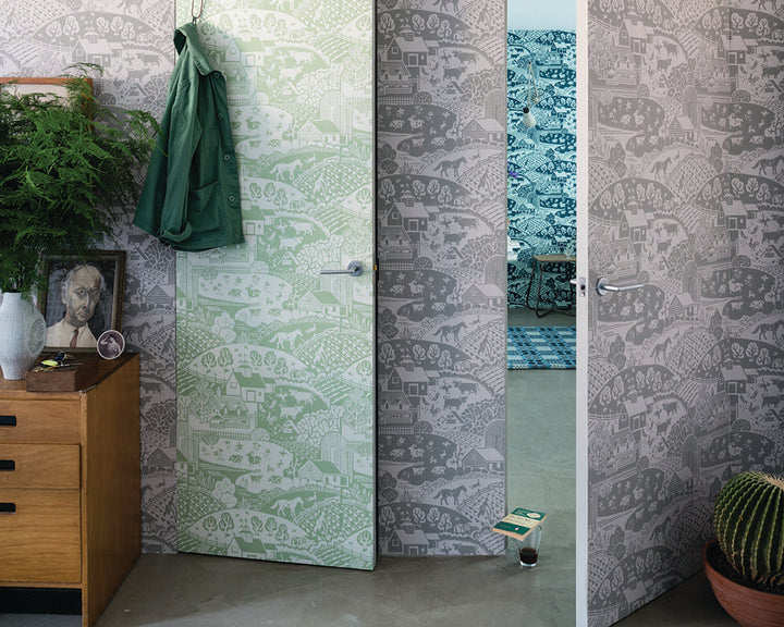 Farrow and Ball Gable Wallpaper with different colours in a living space