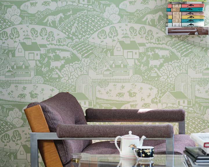 Farrow and Ball Gable Wallpaper with retro furniture