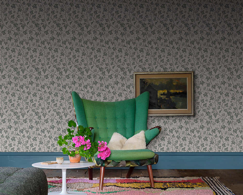 Farrow and Ball Ivy Wallpaper in a living room with green chair