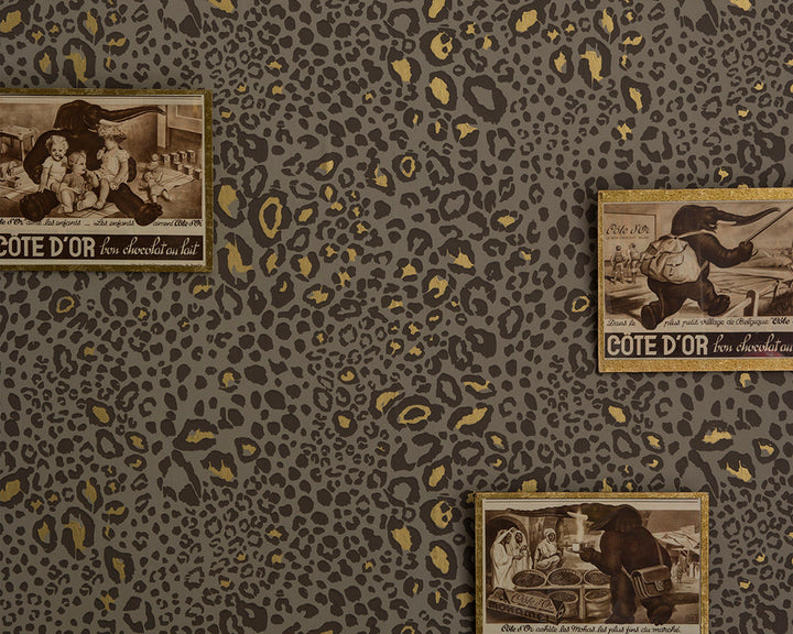 Farrow and Ball Ocelot Wallpaper on a wall with pictures