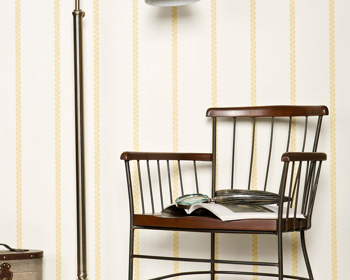 Farrow and Ball Petal Stripe Wallpaper with a classic wooden chair