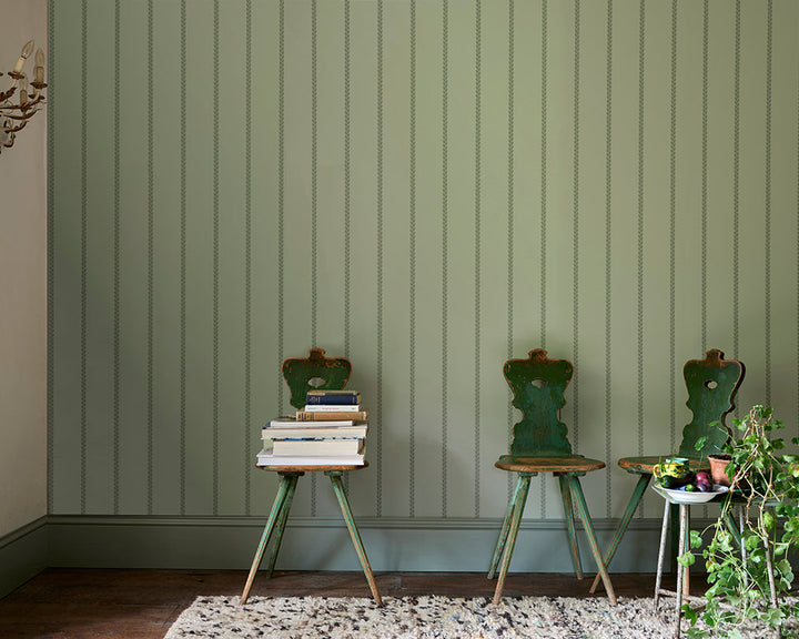 Farrow and Ball Petal Stripe Wallpaper with green chairs