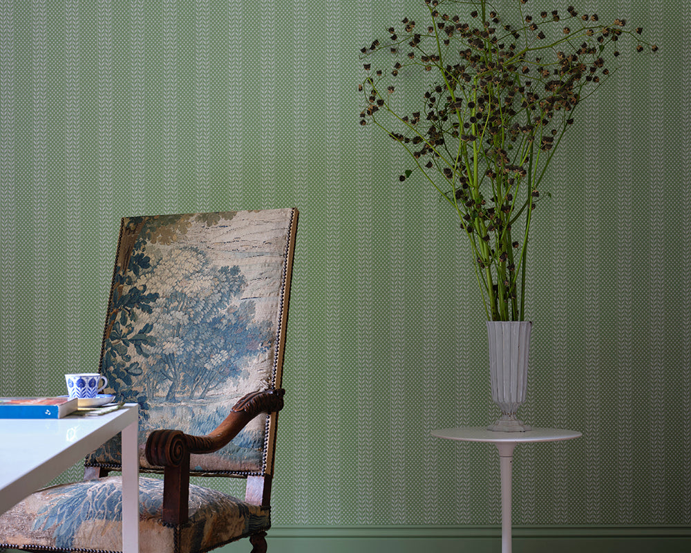 Farrow and Ball Polka Sprig Wallpaper with a chair 