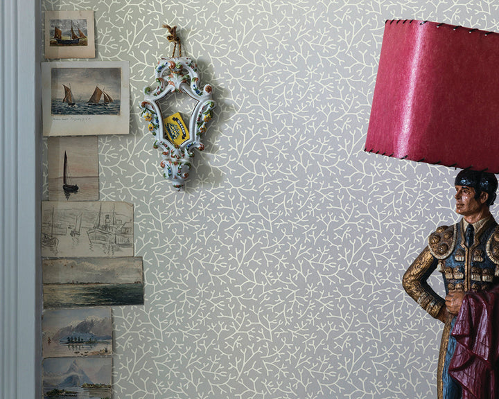 Farrow and Ball Samphire Wallpaper with a lamp