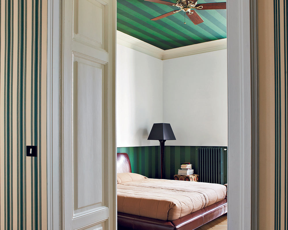 Farrow and Ball Tented Stripe Wallpaper used on the wall and ceiling in a bedroom