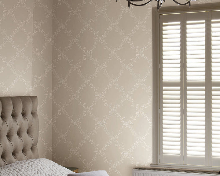 Farrow and Ball Toile Trellis Wallpaper in a classically styled bedroom