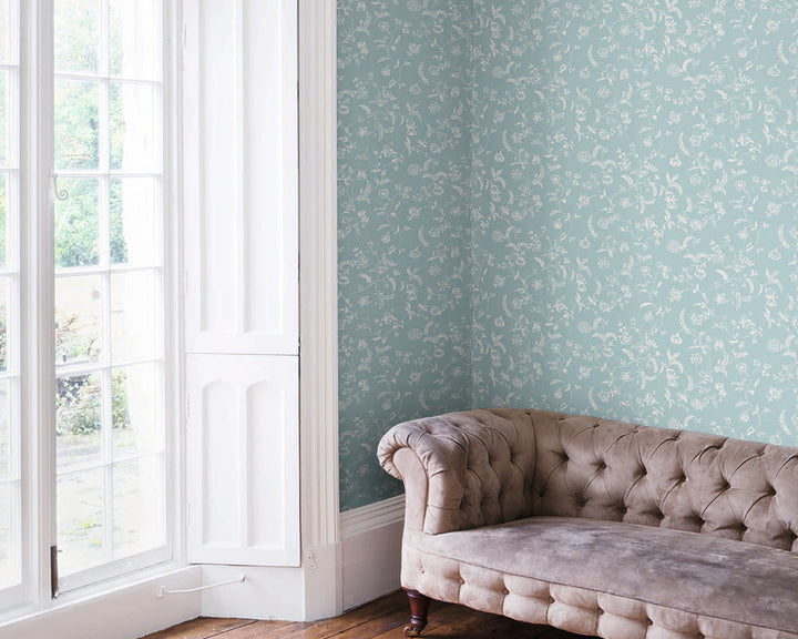 Farrow and Ball Uppark Wallpaper in a living room