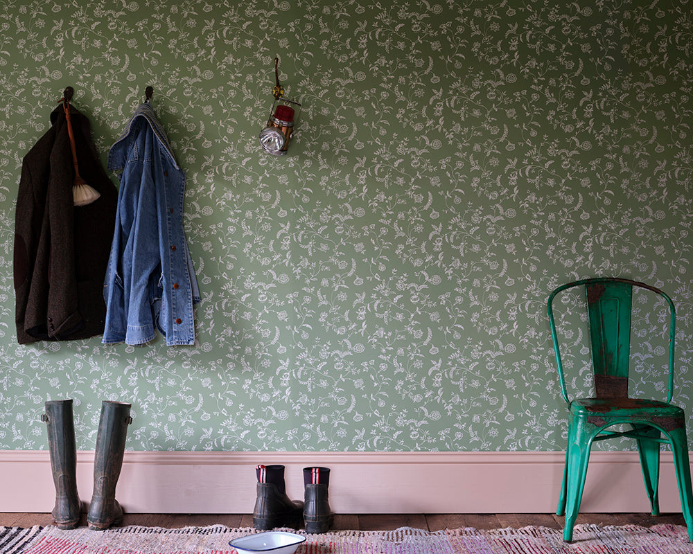 Farrow and Ball Uppark Wallpaper in a hallway