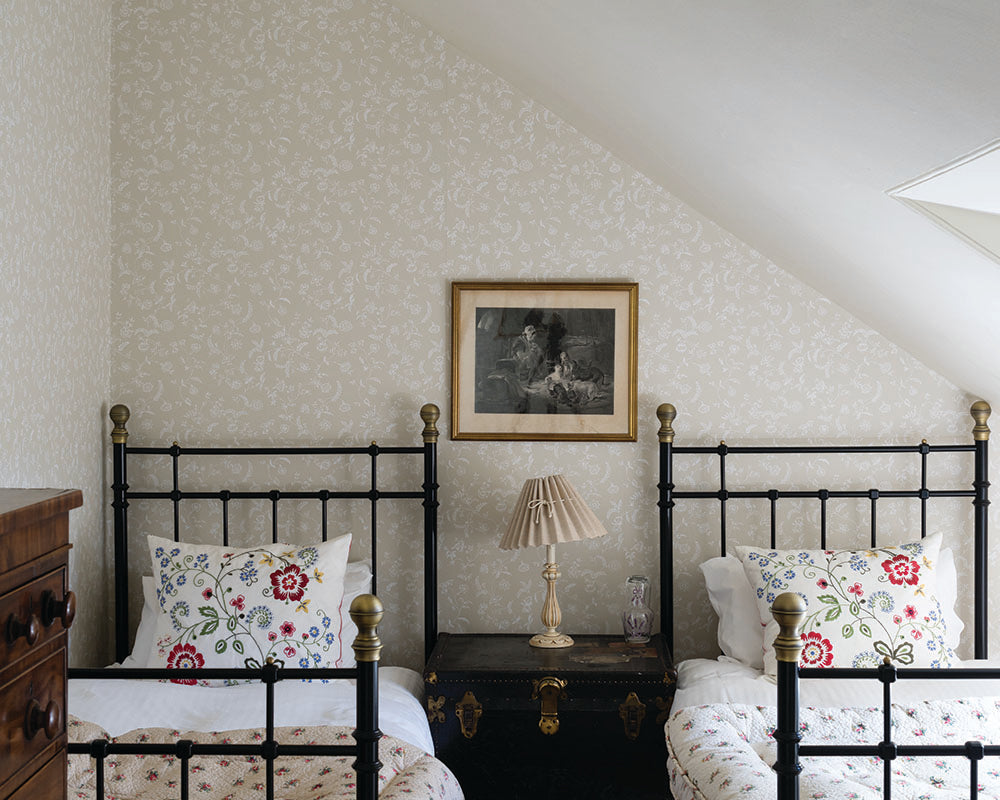 Farrow and Ball Uppark Wallpaper in a bedroom