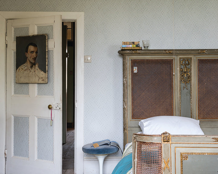 Farrow and Ball Amime Wallpaper in a bedroom