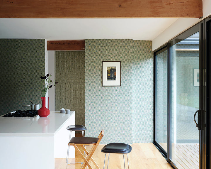 Farrow and Ball Amime Wallpaper in a kitchen