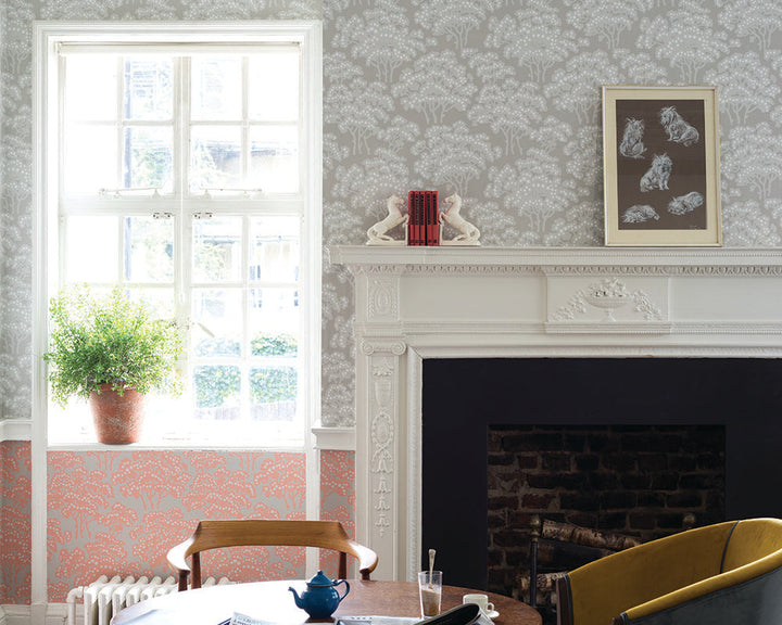 Farrow and Ball Hornbeam Wallpaper 5004 in a living room in a fireplace