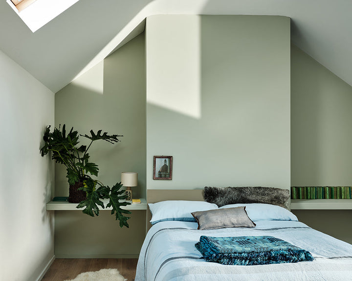 Mizzle 266 paint by Farrow & Ball in an attic bedroom