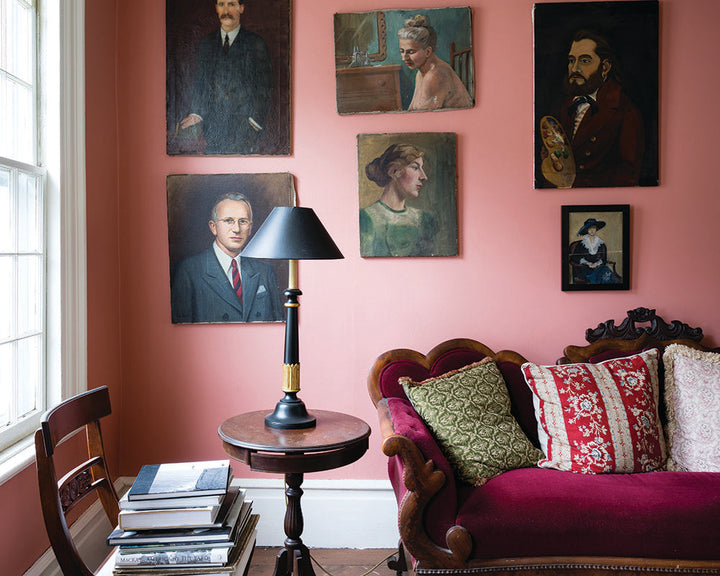 Nancy's Blushes 278 paint by Farrow & Ball on the walls with a picture gallery