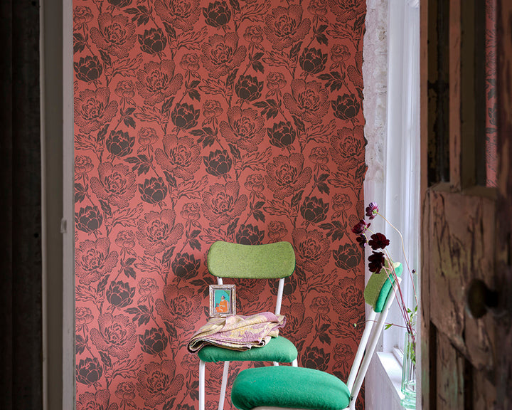 Farrow and Ball Peony Wallpaper 2324 with a chair